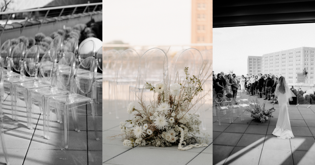 Ceremony details for industrial chic rooftop wedding including organic, died floral meadows and ghost chairs