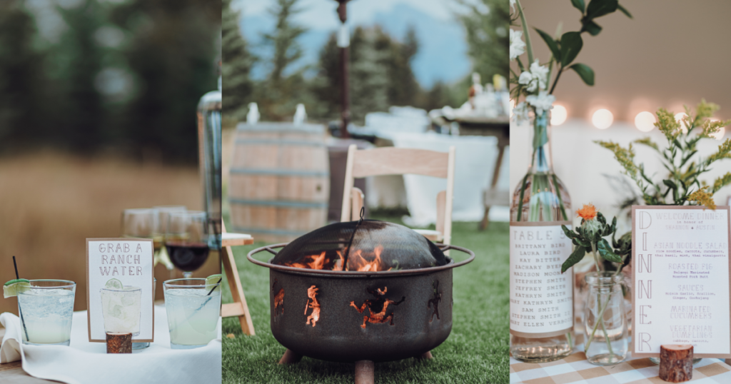 (left) ranch water signature cocktail honoring the couple's Texas home
(middle) firepit set up for late night s'mores
(right) dinner menu held up by a piece of wood sump amongst the bud vase & wildflower centerpiece