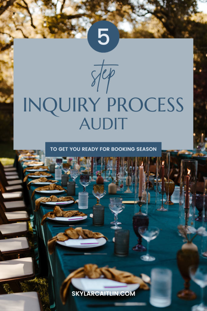 5 Step Inquiry Process Audit To Get You Ready For Booking Season text over a wedding reception image 